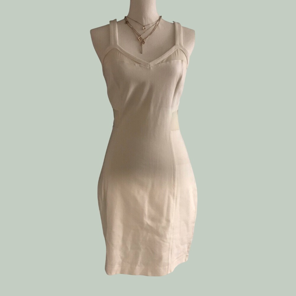 Express Classic White Bodycon Sleepless Sheath Dress with Mesh Accent & Back Zip - Picture 3 of 13